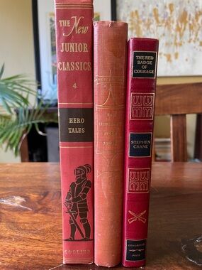3 Vintage Red Hardcover Books - Red Badge of Courage, Hero Tales, Ivory Tower